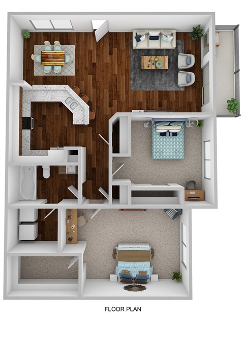 Floor plan for 2 beds, 1 bath, 966 sqft
